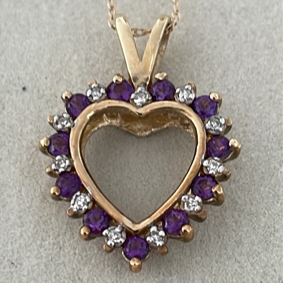 New! Amethyst & Diamond Open Heart Gold Necklace - Picture 1 of 9